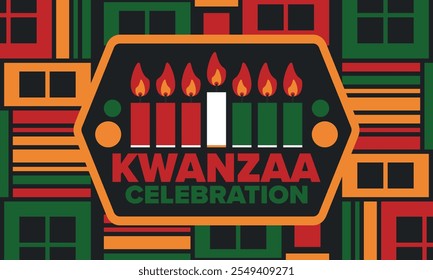 Kwanzaa Happy Celebration. African and African-American culture holiday. Seven days festival, celebrate annual from December 26 to January 1. Black history. Poster, card, banner and background. Vector