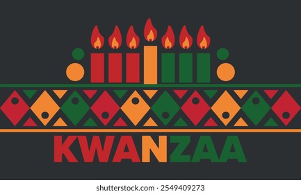 Celebración feliz de Kwanzaa. Festividad cultural afroamericana. Fiesta de los siete días, se celebra anualmente del 26 de diciembre al 1 de enero. Historia negra. Póster, tarjeta, Anuncio y fondo. Vector