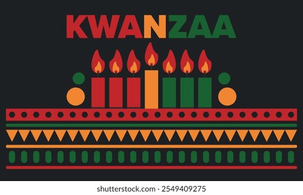 Kwanzaa Happy Celebration. African and African-American culture holiday. Seven days festival, celebrate annual from December 26 to January 1. Black history. Poster, card, banner and background. Vector