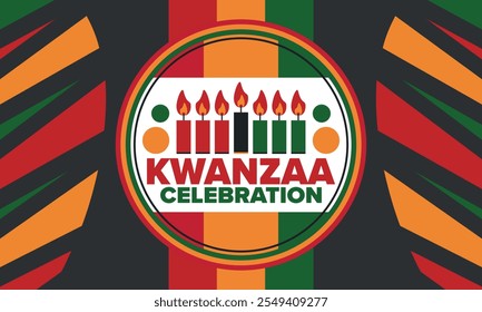 Celebración feliz de Kwanzaa. Festividad cultural afroamericana. Fiesta de los siete días, se celebra anualmente del 26 de diciembre al 1 de enero. Historia negra. Póster, tarjeta, Anuncio y fondo. Vector