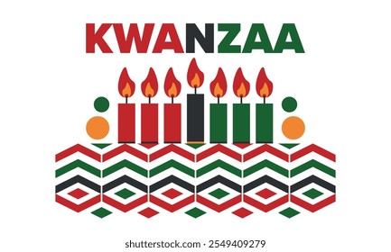 Kwanzaa Happy Celebration. African and African-American culture holiday. Seven days festival, celebrate annual from December 26 to January 1. Black history. Poster, card, banner and background. Vector