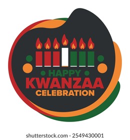 Celebración feliz de Kwanzaa. Festividad cultural afroamericana. Fiesta de los siete días, se celebra anualmente del 26 de diciembre al 1 de enero. Historia negra. Póster, tarjeta, Anuncio y fondo. Vector