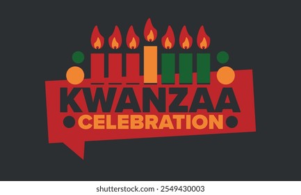 Celebración feliz de Kwanzaa. Festividad cultural afroamericana. Fiesta de los siete días, se celebra anualmente del 26 de diciembre al 1 de enero. Historia negra. Póster, tarjeta, Anuncio y fondo. Vector