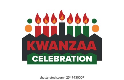 Kwanzaa Happy Celebration. African and African-American culture holiday. Seven days festival, celebrate annual from December 26 to January 1. Black history. Poster, card, banner and background. Vector