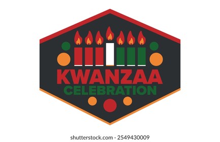 Celebración feliz de Kwanzaa. Festividad cultural afroamericana. Fiesta de los siete días, se celebra anualmente del 26 de diciembre al 1 de enero. Historia negra. Póster, tarjeta, Anuncio y fondo. Vector