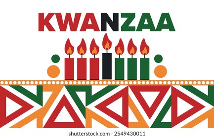 Celebración feliz de Kwanzaa. Festividad cultural afroamericana. Fiesta de los siete días, se celebra anualmente del 26 de diciembre al 1 de enero. Historia negra. Póster, tarjeta, Anuncio y fondo. Vector