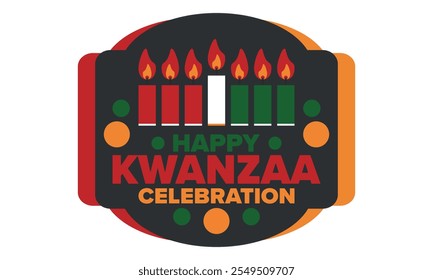 Kwanzaa Happy Celebration. African and African-American culture holiday. Seven days festival, celebrate annual from December 26 to January 1. Black history. Poster, card, banner and background. Vector