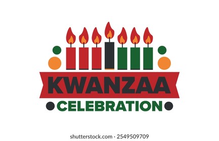 Celebración feliz de Kwanzaa. Festividad cultural afroamericana. Fiesta de los siete días, se celebra anualmente del 26 de diciembre al 1 de enero. Historia negra. Póster, tarjeta, Anuncio y fondo. Vector