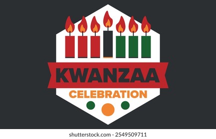 Kwanzaa Happy Celebration. African and African-American culture holiday. Seven days festival, celebrate annual from December 26 to January 1. Black history. Poster, card, banner and background. Vector