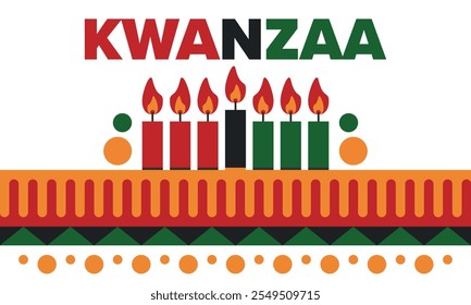 Celebración feliz de Kwanzaa. Festividad cultural afroamericana. Fiesta de los siete días, se celebra anualmente del 26 de diciembre al 1 de enero. Historia negra. Póster, tarjeta, Anuncio y fondo. Vector