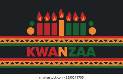 Kwanzaa Happy Celebration. African and African-American culture holiday. Seven days festival, celebrate annual from December 26 to January 1. Black history. Poster, card, banner and background. Vector