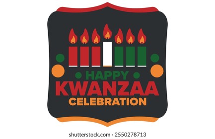 Celebración feliz de Kwanzaa. Festividad cultural afroamericana. Fiesta de los siete días, se celebra anualmente del 26 de diciembre al 1 de enero. Historia negra. Póster, tarjeta, Anuncio y fondo. Vector