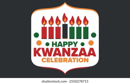 Kwanzaa Happy Celebration. African and African-American culture holiday. Seven days festival, celebrate annual from December 26 to January 1. Black history. Poster, card, banner and background. Vector