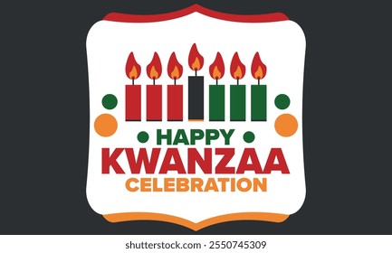 Kwanzaa Happy Celebration. African and African-American culture holiday. Seven days festival, celebrate annual from December 26 to January 1. Black history. Poster