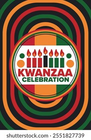 Kwanzaa Happy Celebration. African and African-American culture holiday. Seven days festival, celebrate annual from December 26 to January 1. Black history. Poster, card, banner and background. Vector