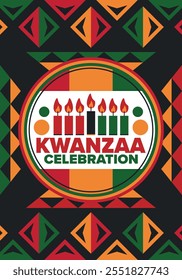 Kwanzaa Happy Celebration. African and African-American culture holiday. Seven days festival, celebrate annual from December 26 to January 1. Black history. Poster, card, banner and background. Vector