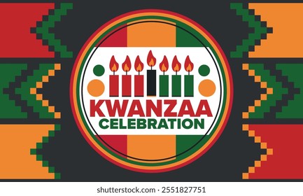 Kwanzaa Happy Celebration. African and African-American culture holiday. Seven days festival, celebrate annual from December 26 to January 1. Black history. Poster, card, banner and background. Vector