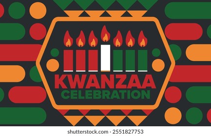 Kwanzaa Happy Celebration. African and African-American culture holiday. Seven days festival, celebrate annual from December 26 to January 1. Black history. Poster, card, banner and background. Vector