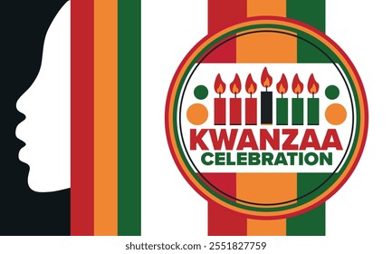 Kwanzaa Happy Celebration. African and African-American culture holiday. Seven days festival, celebrate annual from December 26 to January 1. Black history. Poster, card, banner and background. Vector