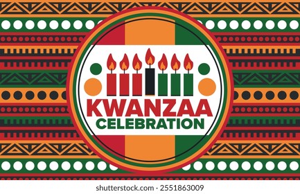 Kwanzaa Happy Celebration. African and African-American culture holiday. Seven days festival, celebrate annual from December 26 to January 1. Black history. Poster, card, banner and background. Vector