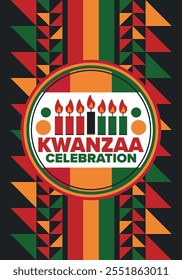 Kwanzaa Happy Celebration. African and African-American culture holiday. Seven days festival, celebrate annual from December 26 to January 1. Black history. Poster, card, banner and background. Vector