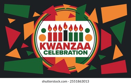 Kwanzaa Happy Celebration. African and African-American culture holiday. Seven days festival, celebrate annual from December 26 to January 1. Black history. Poster, card, banner and background. Vector