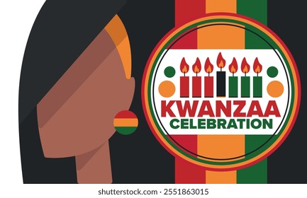 Celebración feliz de Kwanzaa. Festividad cultural afroamericana. Fiesta de los siete días, se celebra anualmente del 26 de diciembre al 1 de enero. Historia negra. Póster, tarjeta, Anuncio y fondo. Vector