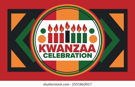 Kwanzaa Happy Celebration. African and African-American culture holiday. Seven days festival, celebrate annual from December 26 to January 1. Black history. Poster, card, banner and background. Vector