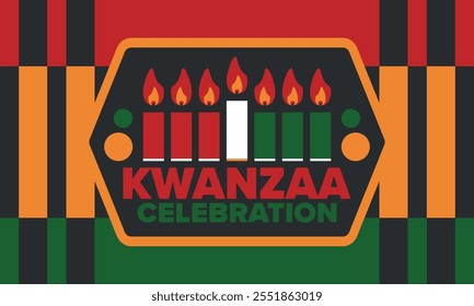 Kwanzaa Happy Celebration. African and African-American culture holiday. Seven days festival, celebrate annual from December 26 to January 1. Black history. Poster, card, banner and background. Vector