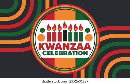 Kwanzaa Happy Celebration. African and African-American culture holiday. Seven days festival, celebrate annual from December 26 to January 1. Black history. Poster, card, banner and background. Vector