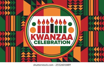 Kwanzaa Happy Celebration. African and African-American culture holiday. Seven days festival, celebrate annual from December 26 to January 1. Black history. Poster, card, banner and background. Vector