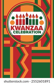 Kwanzaa Happy Celebration. African and African-American culture holiday. Seven days festival, celebrate annual from December 26 to January 1. Black history. Poster, card, banner and background. Vector