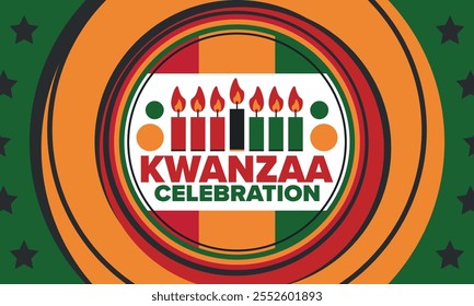 Kwanzaa Happy Celebration. African and African-American culture holiday. Seven days festival, celebrate annual from December 26 to January 1. Black history. Poster, card, banner and background. Vector