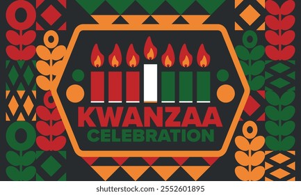 Kwanzaa Happy Celebration. African and African-American culture holiday. Seven days festival, celebrate annual from December 26 to January 1. Black history. Poster, card, banner and background. Vector