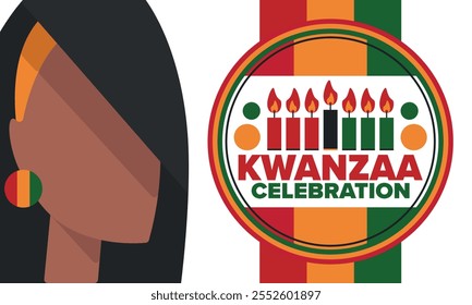 Kwanzaa Happy Celebration. African and African-American culture holiday. Seven days festival, celebrate annual from December 26 to January 1. Black history. Poster, card, banner and background. Vector