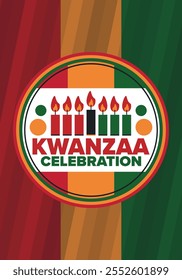 Kwanzaa Happy Celebration. African and African-American culture holiday. Seven days festival, celebrate annual from December 26 to January 1. Black history. Poster, card, banner and background. Vector