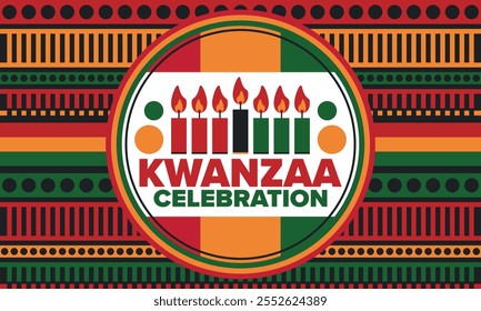 Kwanzaa Happy Celebration. African and African-American culture holiday. Seven days festival, celebrate annual from December 26 to January 1. Black history. Poster, card, banner and background. Vector