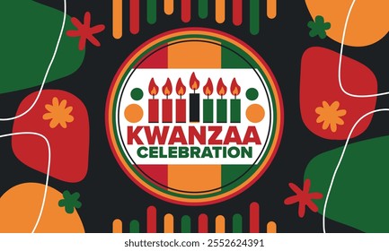 Kwanzaa Happy Celebration. African and African-American culture holiday. Seven days festival, celebrate annual from December 26 to January 1. Black history. Poster, card, banner and background. Vector