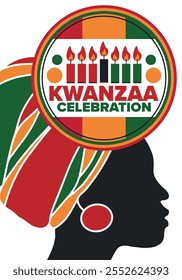 Kwanzaa Happy Celebration. African and African-American culture holiday. Seven days festival, celebrate annual from December 26 to January 1. Black history. Poster, card, banner and background. Vector