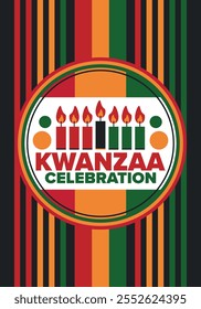 Kwanzaa Happy Celebration. African and African-American culture holiday. Seven days festival, celebrate annual from December 26 to January 1. Black history. Poster, card, banner and background. Vector