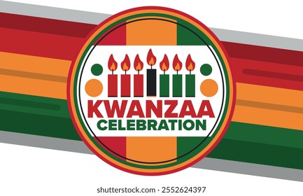 Kwanzaa Happy Celebration. African and African-American culture holiday. Seven days festival, celebrate annual from December 26 to January 1. Black history. Poster, card, banner and background. Vector