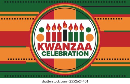 Kwanzaa Happy Celebration. African and African-American culture holiday. Seven days festival, celebrate annual from December 26 to January 1. Black history. Poster, card, banner and background. Vector