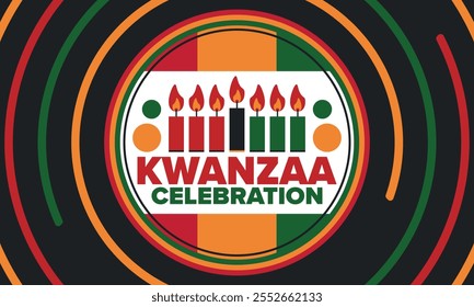 Kwanzaa Happy Celebration. African and African-American culture holiday. Seven days festival, celebrate annual from December 26 to January 1. Black history. Poster, card, banner and background. Vector