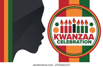 Kwanzaa Happy Celebration. African and African-American culture holiday. Seven days festival, celebrate annual from December 26 to January 1. Black history. Poster, card, banner and background. Vector