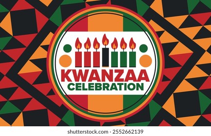 Kwanzaa Happy Celebration. African and African-American culture holiday. Seven days festival, celebrate annual from December 26 to January 1. Black history. Poster, card, banner and background. Vector