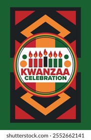 Kwanzaa Happy Celebration. African and African-American culture holiday. Seven days festival, celebrate annual from December 26 to January 1. Black history. Poster, card, banner and background. Vector