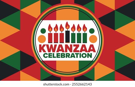 Kwanzaa Happy Celebration. African and African-American culture holiday. Seven days festival, celebrate annual from December 26 to January 1. Black history. Poster, card, banner and background. Vector