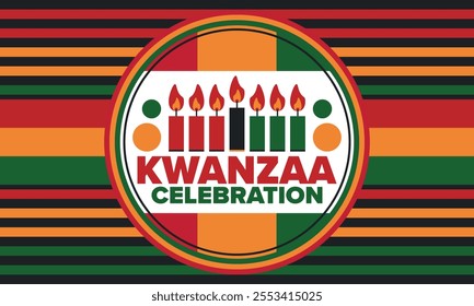 Kwanzaa Happy Celebration. African and African-American culture holiday. Seven days festival, celebrate annual from December 26 to January 1. Black history. Poster, card, banner and background. Vector