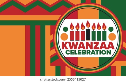 Kwanzaa Happy Celebration. African and African-American culture holiday. Seven days festival, celebrate annual from December 26 to January 1. Black history. Poster, card, banner and background. Vector