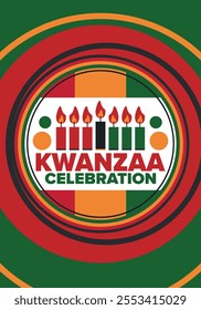 Kwanzaa Happy Celebration. African and African-American culture holiday. Seven days festival, celebrate annual from December 26 to January 1. Black history. Poster, card, banner and background. Vector